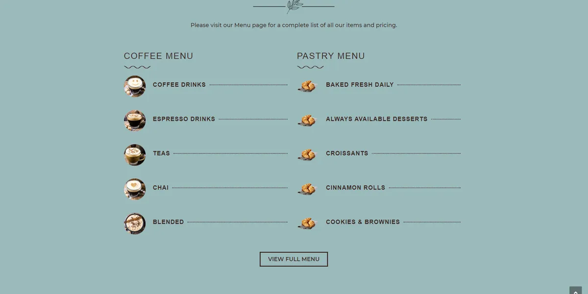 Menu snapshot on homepage