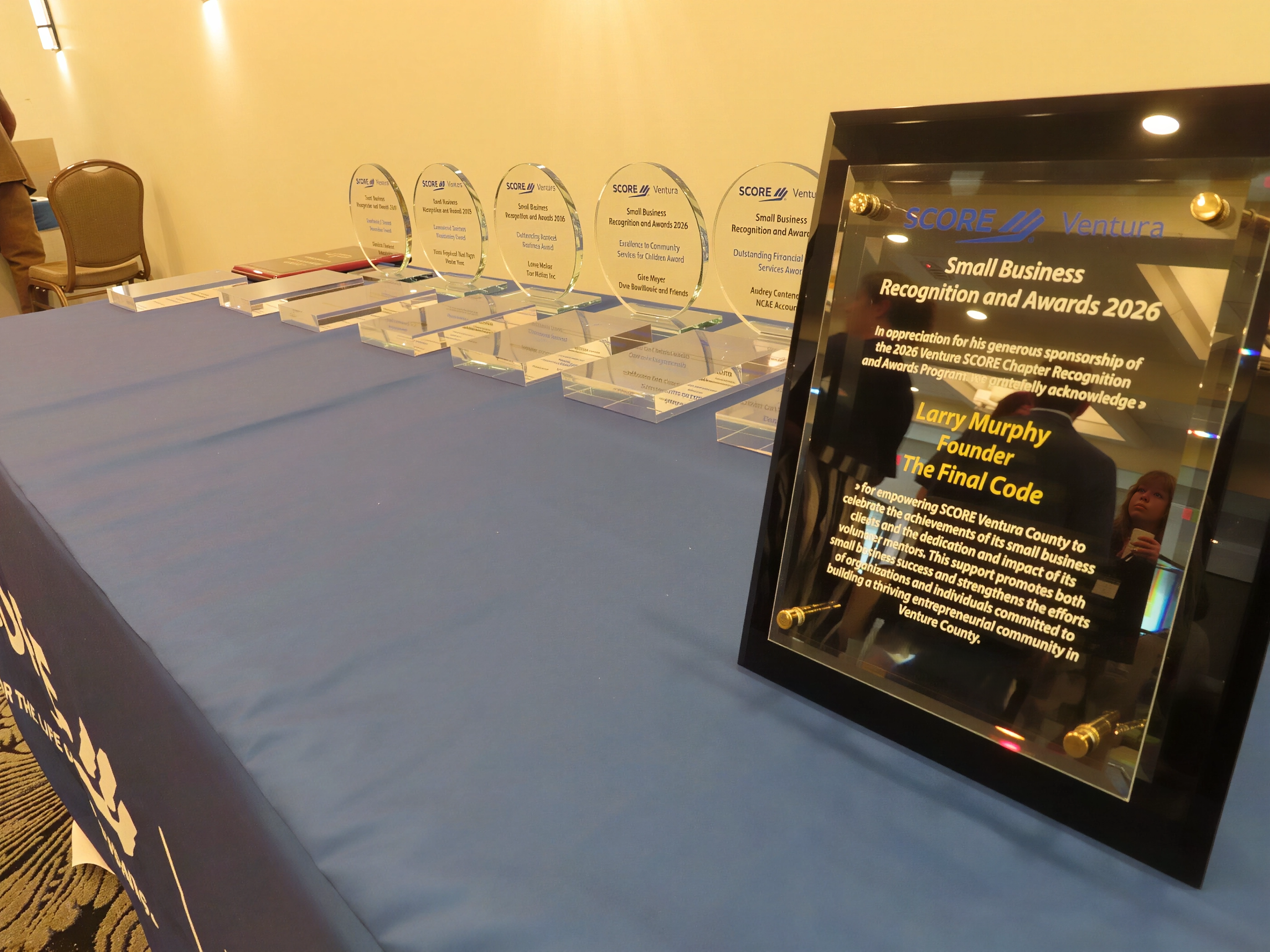 SCORE recognition plaque awarded to The Final Code for sponsoring the 2026 Ventura County SCORE Awards