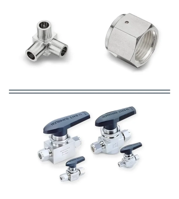 Superlok USA tube fittings, a nut and ball valves photographed against white