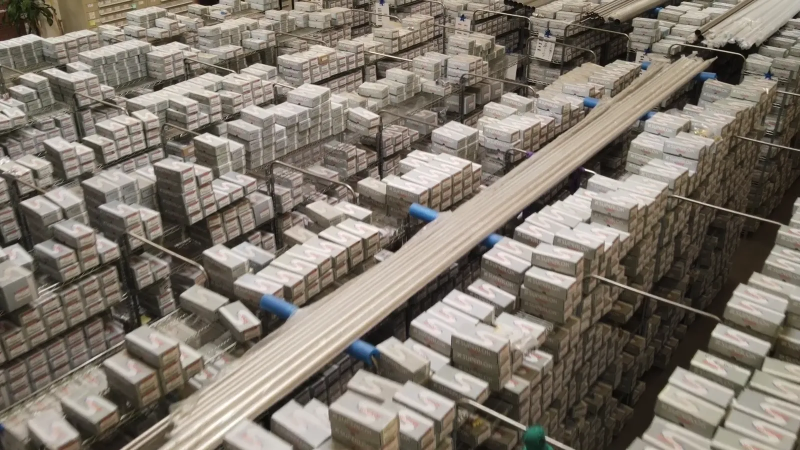 Shelves of Superlok USA fittings and valves in the Ventura, California warehouse