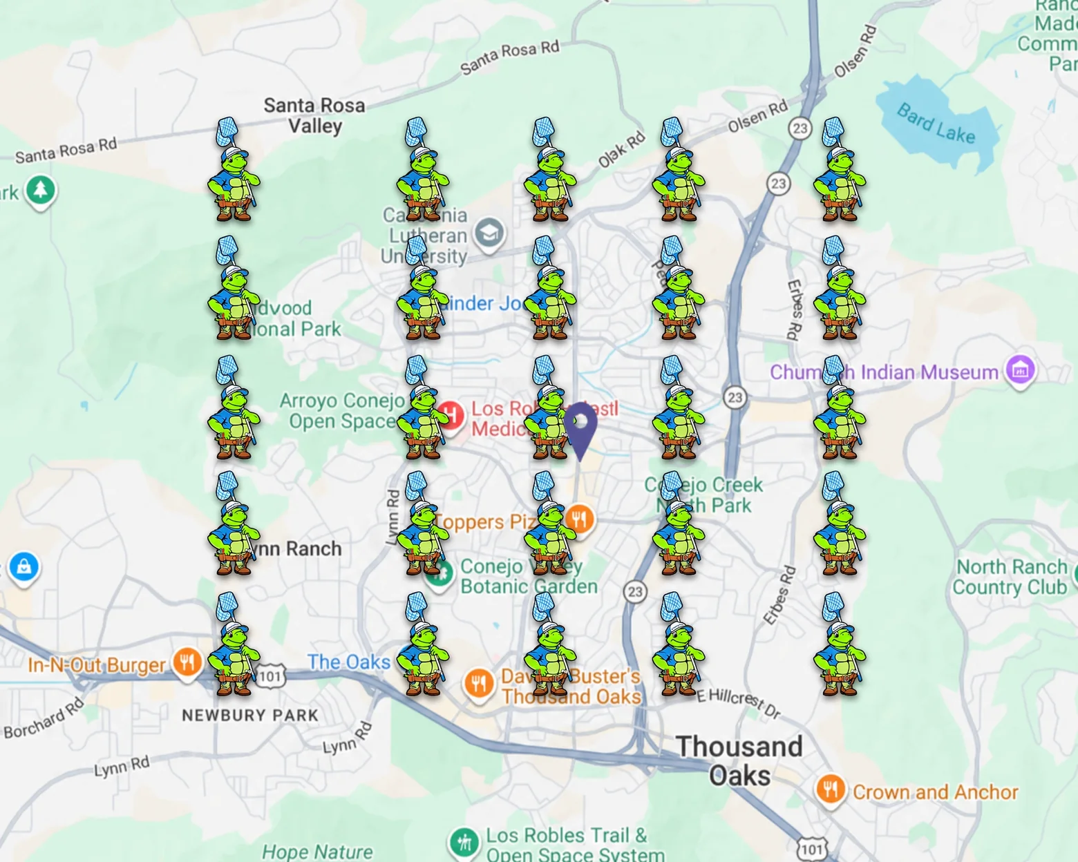 A map of Thousand Oaks with Dillon's mascot standing at twenty-four separate points across the city, one for every spot where his company comes up first for the search pool service near me