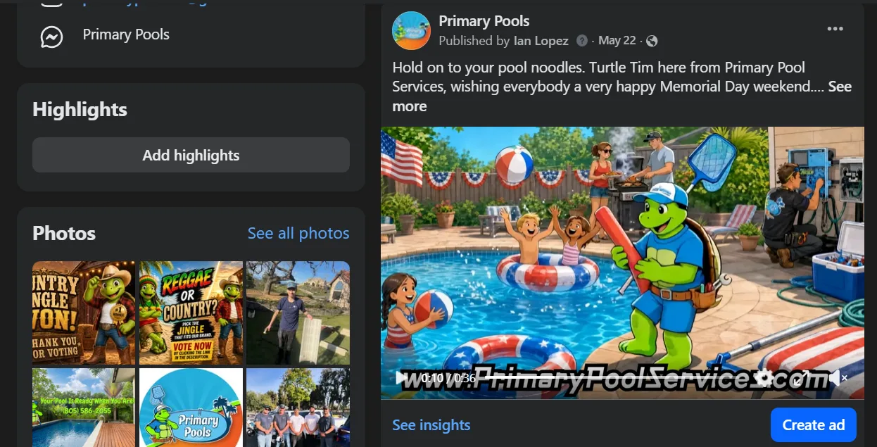The Primary Pools Facebook page showing a Turtle Tim holiday video post
