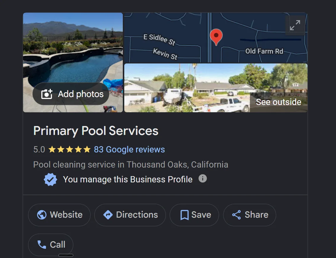 The Primary Pool Services Google Business Profile, rated five out of five from eighty-three reviews