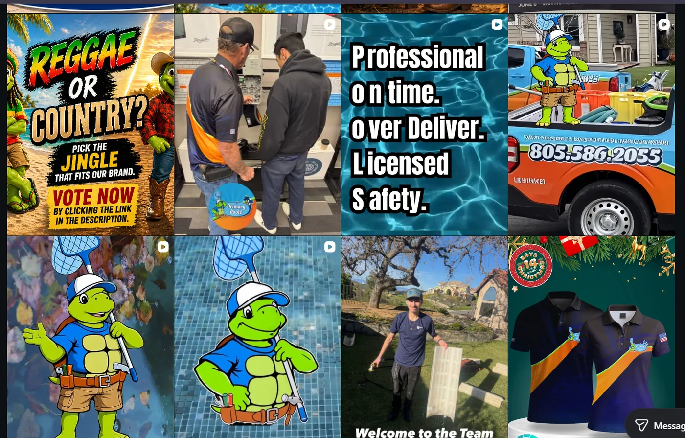 The Primary Pools Instagram grid, mixing Turtle Tim artwork with photos of the crew at work