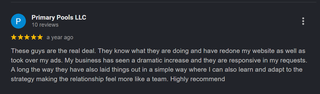 Five-star Google review from Primary Pools