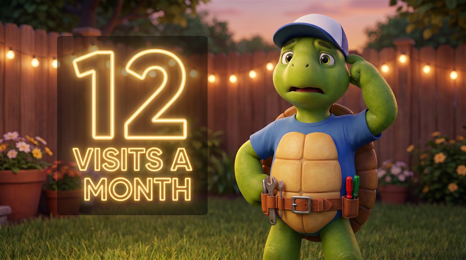 Turtle Tim looking puzzled beside a neon '12 visits a month' sign