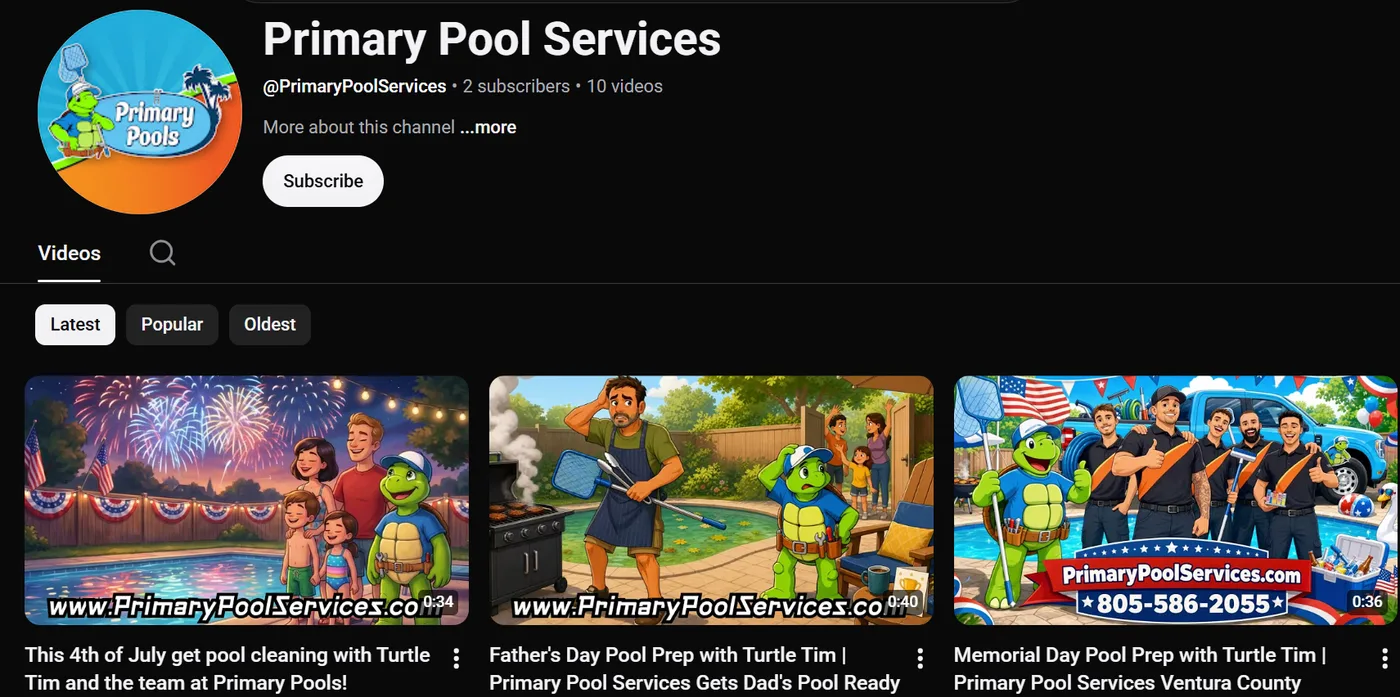 The Primary Pool Services YouTube channel, showing seasonal videos featuring Turtle Tim