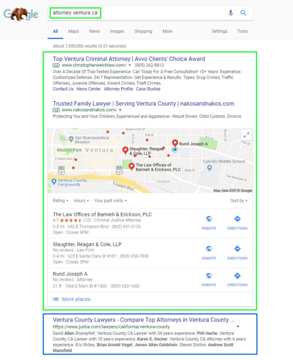 Let’s test a local search for “attorney ventura ca” and analyze the results