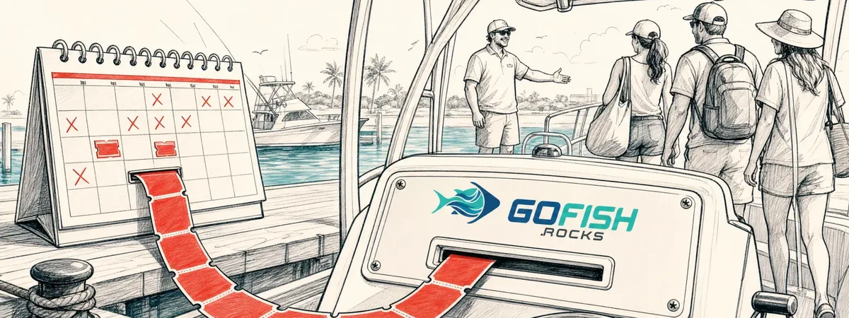 A charter boat helm carrying the operator brand, with a booking ticket feeding out of a wall calendar as guests board behind.