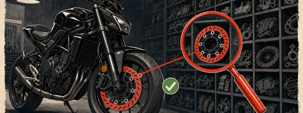 A motorcycle with one brake rotor picked out in red, matched by a magnifying glass to the correct part on a wall of near-identical rotors.