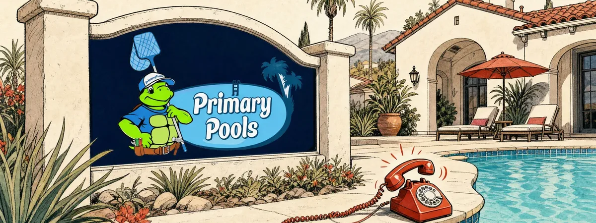 A pool company's branded sign beside a sunlit backyard pool, with a red telephone ringing on the coping.