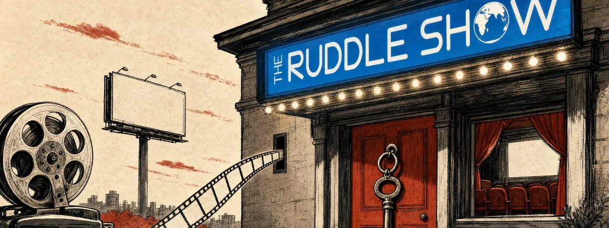 A theatre front lit under a branded marquee, film running from a projector into the building and an oversized key in the door.