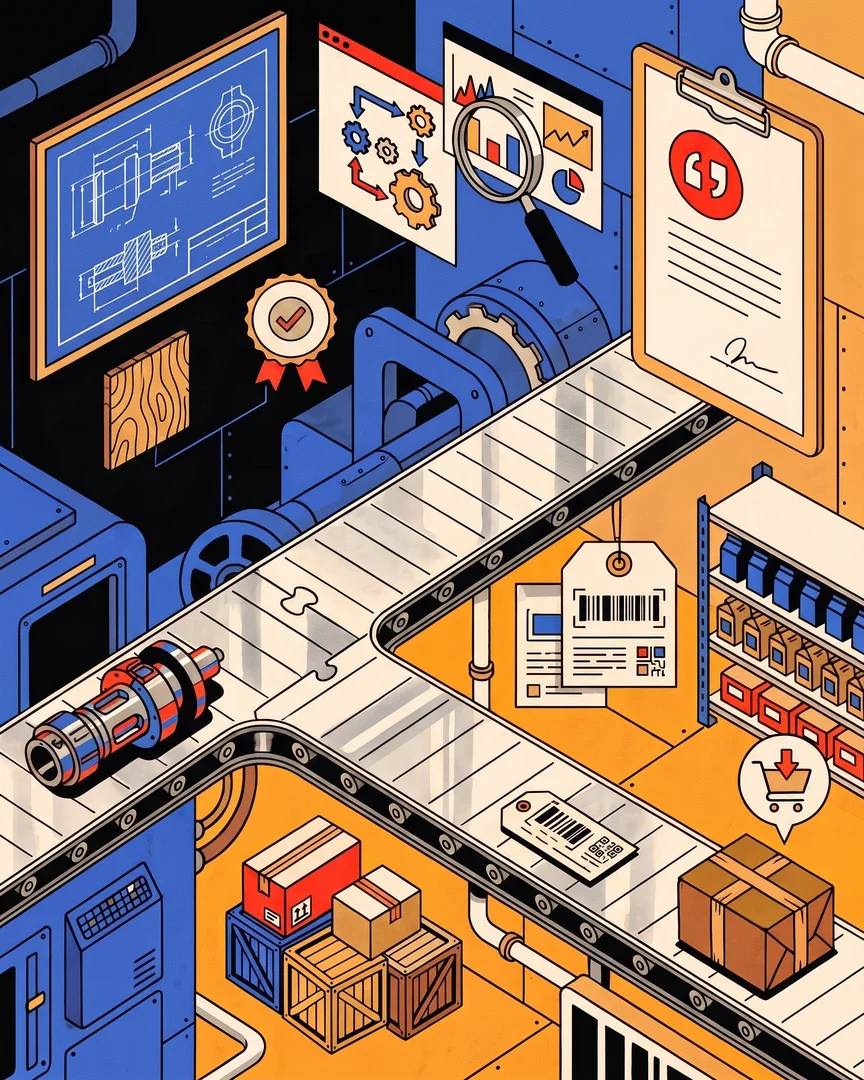 A production line running from drawing to catalog listing to shipped box, with the maker and the reseller each holding a different part of the same search.