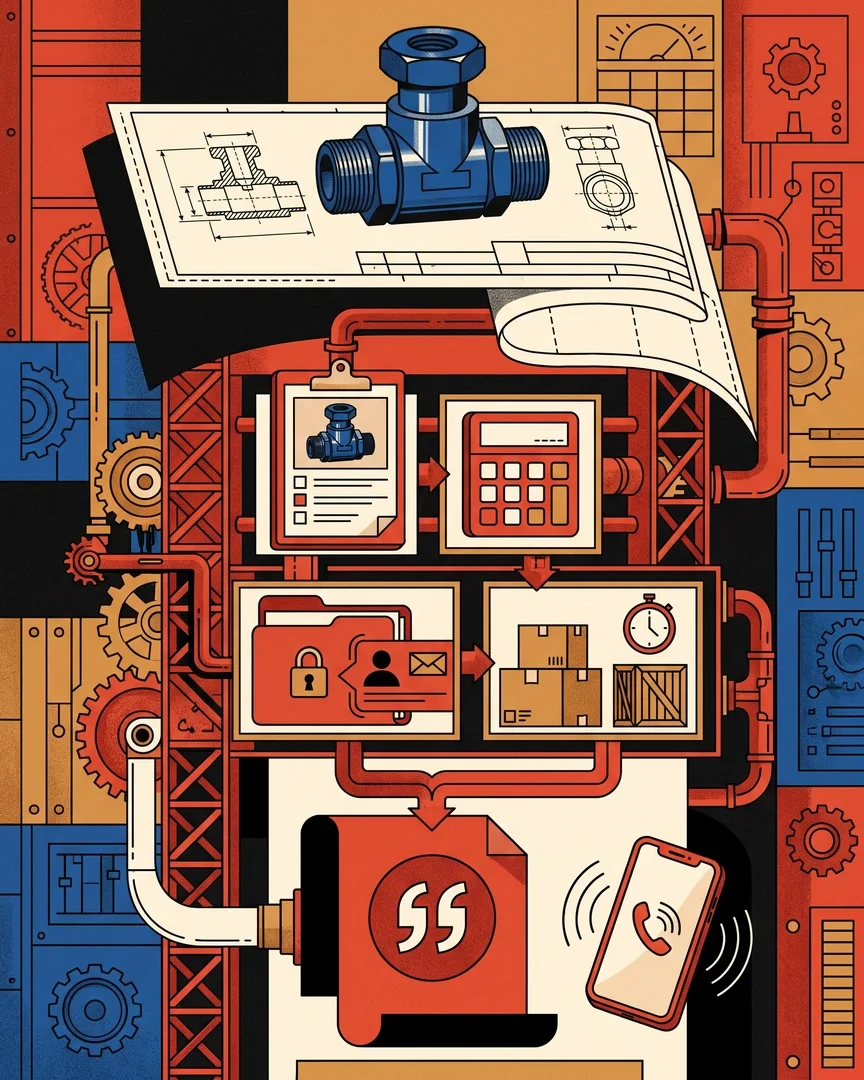 A spec drawing feeding a quote path: the part, the takeoff, the contact details, the crate, and a priced quote with the phone ringing beside it.