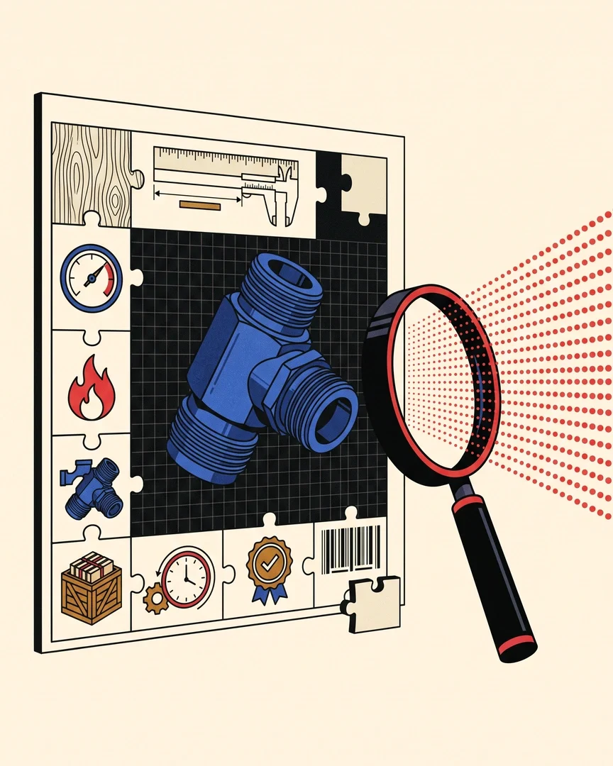 A spec sheet built like a puzzle: the part drawing, its pressure rating, temperature, dimensions, lead time and certification, each its own piece, under a magnifying glass.