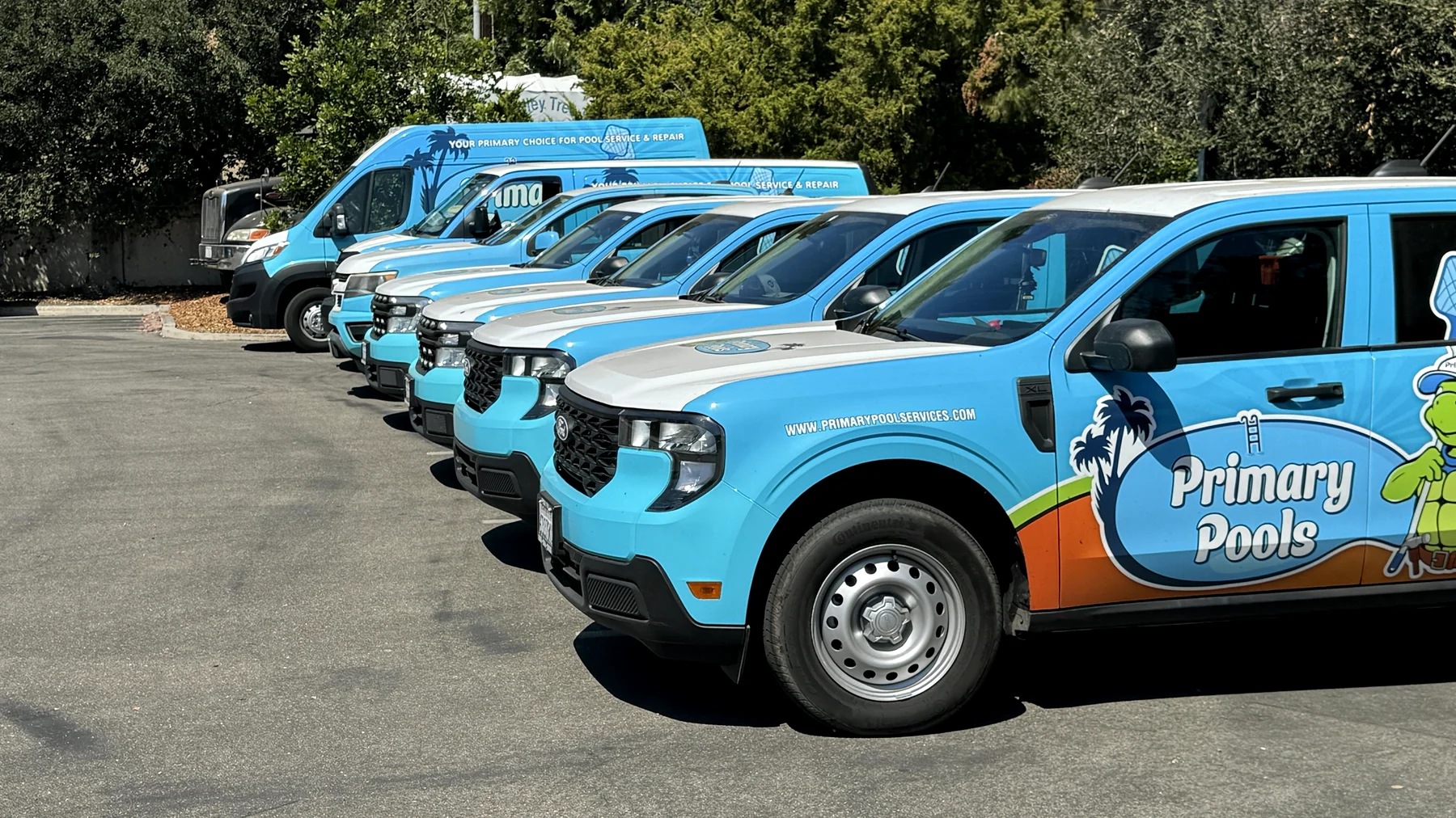 A row of Primary Pool Services trucks and vans in a lot, each one wrapped in the company's blue livery.